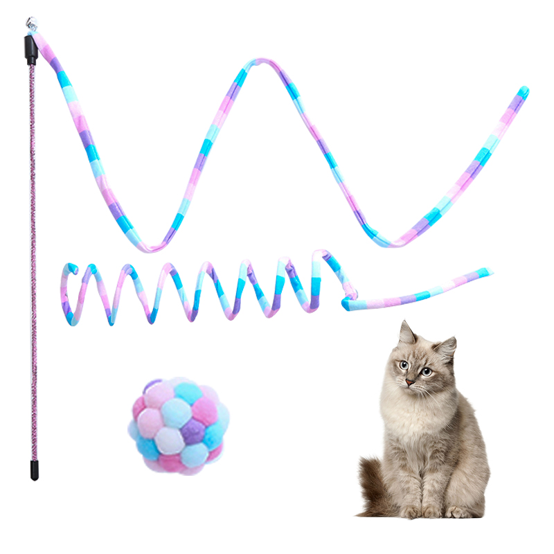 Cat Toys for Indoor Cat,Cat Rainbow Wand Toys Cat Fuzzy Balls with Bell,Interactive Cat Toy Cat Spring for Kitten,Puppy Chase Exercise-3 Pack