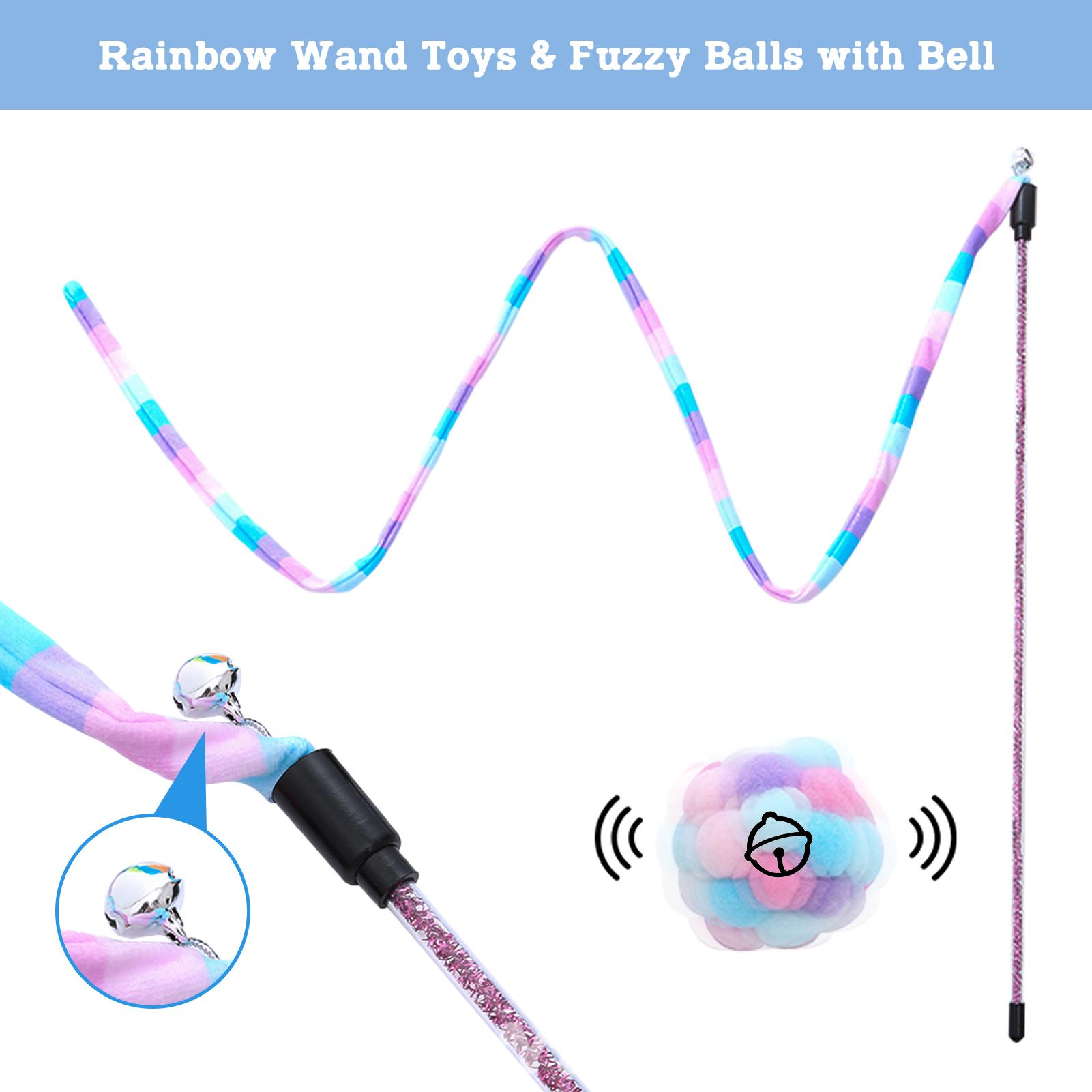Cat Toys for Indoor Cat,Cat Rainbow Wand Toys Cat Fuzzy Balls with Bell,Interactive Cat Toy Cat Spring for Kitten,Puppy Chase Exercise-3 Pack