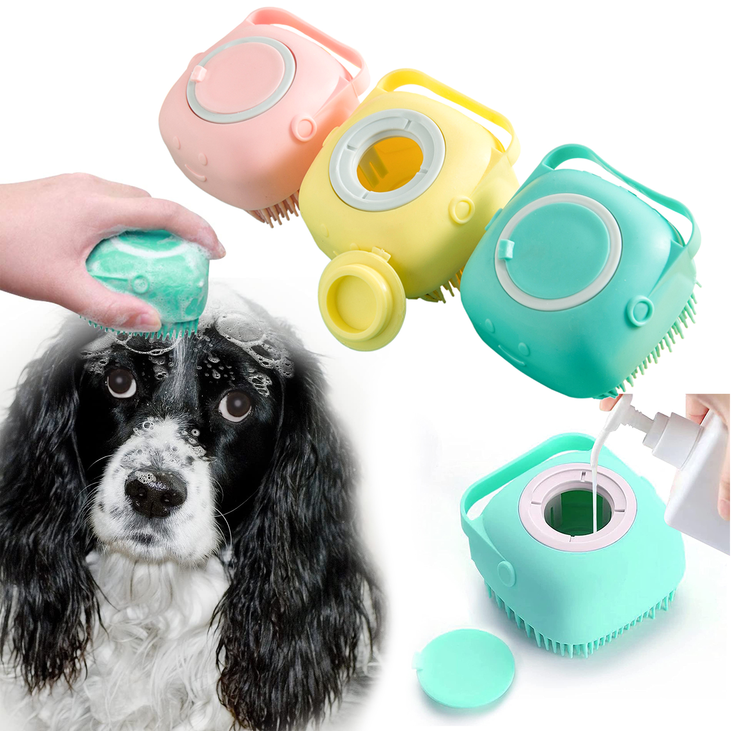 LOGO Customize Pet Brushes Bath Massage Brush Shampoo Dispenser Dog Grooming Silicone Shower Brush For Cat Pets Bathing Products