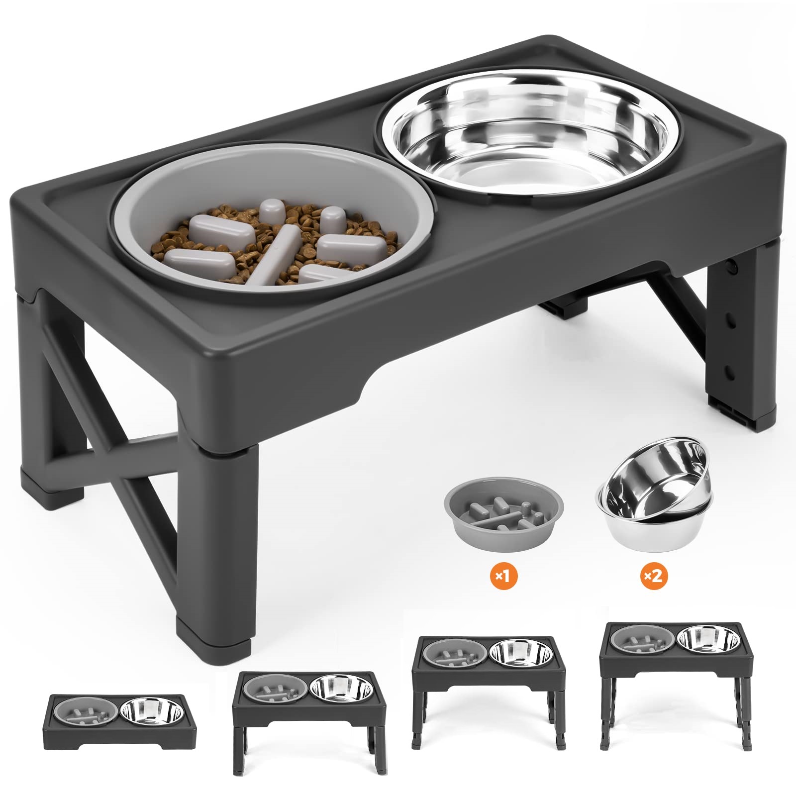 Elevated Dog Bowls 4 Adjustable Heights Raised Stand with Slow Feeder Bowl 2 Stainless Steel Food & Water Bowls