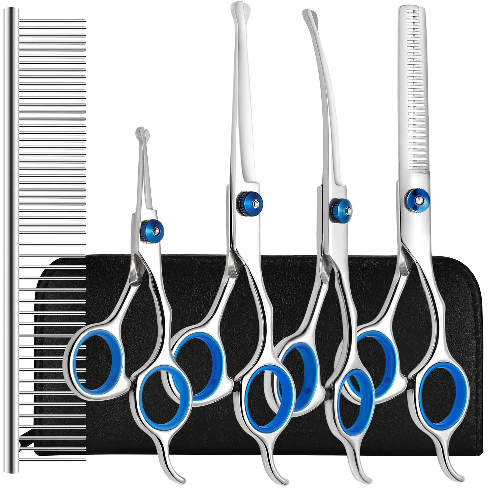 Dog Grooming Scissors Kit with Safety Round Tips, Liren Professional 6 in 1 Grooming Scissors for Dogs