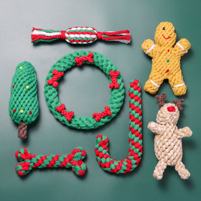 Pet Cotton Rope Knot Toy Christmas Dog Chew Toy 5 Piece Grinding Teeth Cleaning Dog Toys Pack Christmas Dog Chew Rope