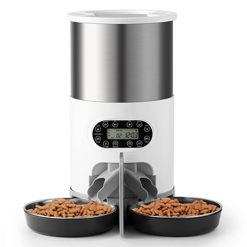 3L/4.5L Dry Food Dispenser with Splitter and Two Stainless Bowls Automatic Cat Feeder for Two Cats for Cat and Dog