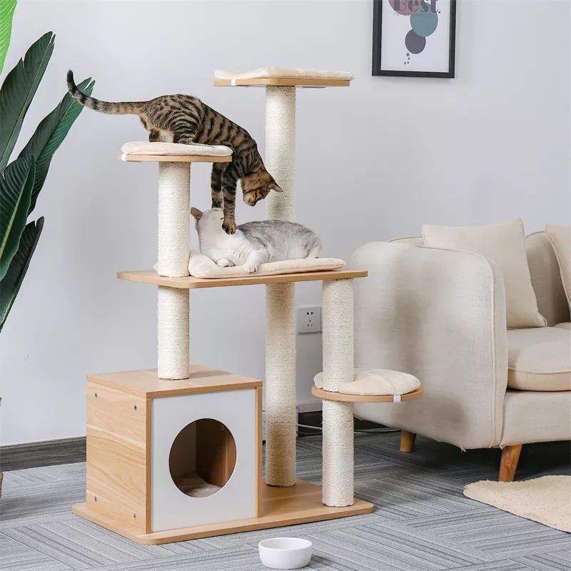 Hot Sale Wooden Cat Tree Modern Cat Tower With Spacious Condo Scratching Post